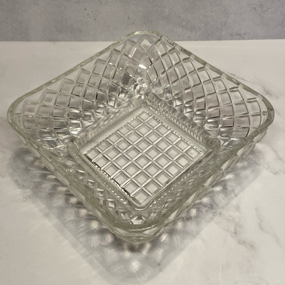 Diamond Lattice Pressed Glass 5-in Square Candy Trinket “Bowl” by Federal Glass